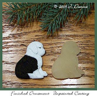 Old English Sheepdog puppy ornament, before and after painting.